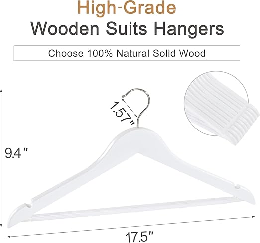 TOPIA HANGER Wooden Coat Hangers 20 Pack, White Wood Suit Hangers with Non Slip Pants Bar, 360°
