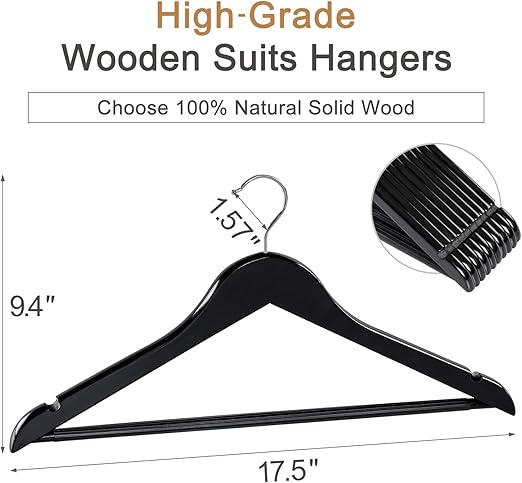 TOPIA HANGER Wooden Coat Hangers 30 Pack, Black Wood Suit Hangers with Non Slip Pants Bar, 360°