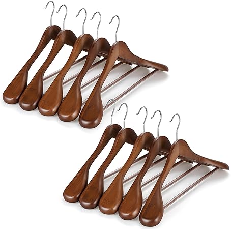 TOPIA HANGER Wide Shoulder Wooden Suit Hangers – Heavy-Duty Solid Wood with Non-Slip Bar (6 & 10 Pack)