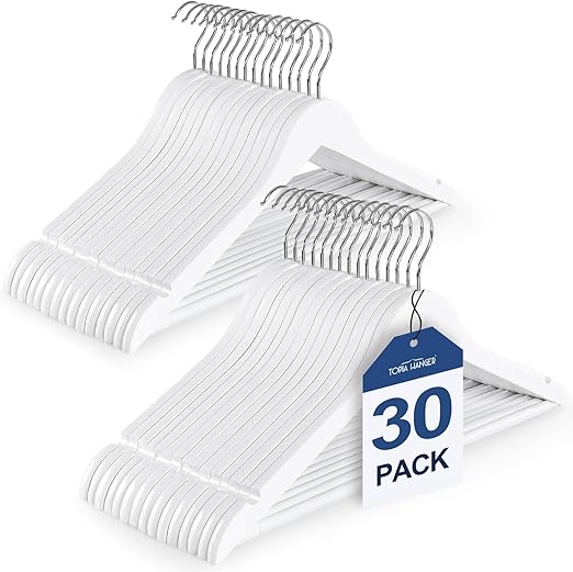 TOPIA HANGER Wooden Coat Hangers 20 Pack, White Wood Suit Hangers with Non Slip Pants Bar, 360°