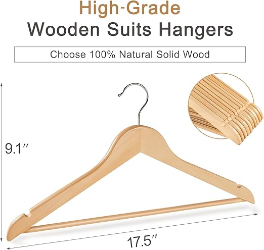 TOPIA HANGER Wooden Coat Hangers Natural Wood Hangers with Non-Slip Bar & Swivel Hook