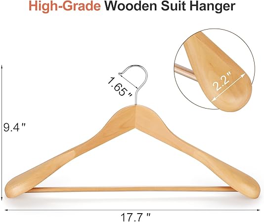 TOPIA HANGER Wide Shoulder Wooden Suit Hangers – Heavy-Duty Solid Wood with Non-Slip Bar (6 & 10 Pack)