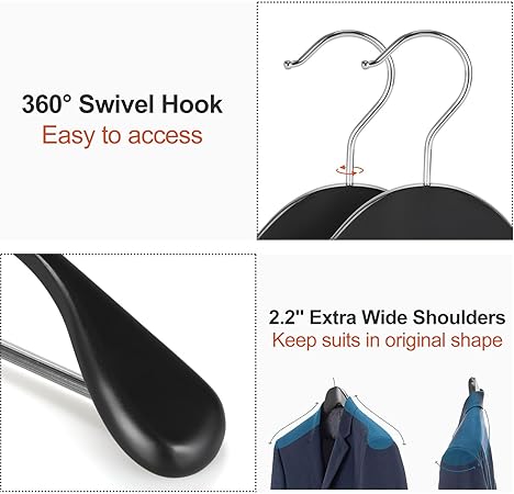TOPIA HANGER Wide Shoulder Wooden Suit Hangers – Heavy-Duty Solid Wood with Non-Slip Bar (6 & 10 Pack)
