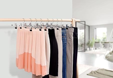 topia Home Chrome Metal Pants & Skirt Hangers with Non-Slip Adjustable Clips – 12pcs 40cm / 24pcs 30cm, Space-Saving Silver & Wood Rubber Metal