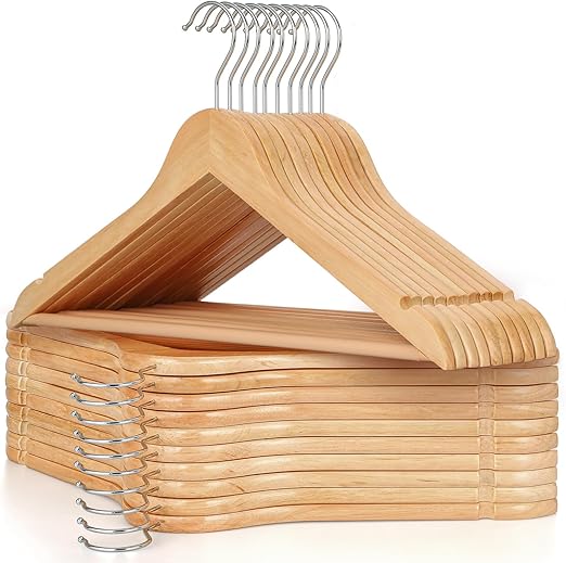 TOPIA HANGER Wooden Coat Hangers Natural Wood Hangers with Non-Slip Bar & Swivel Hook