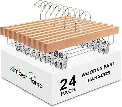 topia Home Wooden Pants & Skirt Hangers with Adjustable Clips, Anti-Slip, Heavy-Duty, Natural – 10/24 Pack