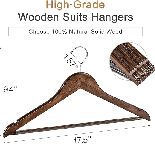 TOPIA HANGER Wooden Coat Hangers 20 Pack & 30 Pack, Vintage Wood Suit Hangers with Non Slip Pants Bar, 360°
