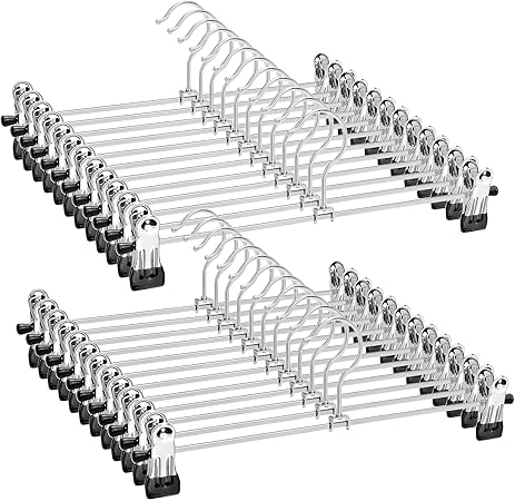 topia Home Chrome Metal Pants & Skirt Hangers with Non-Slip Adjustable Clips – 12pcs 40cm / 24pcs 30cm, Space-Saving Silver & Wood Rubber Metal